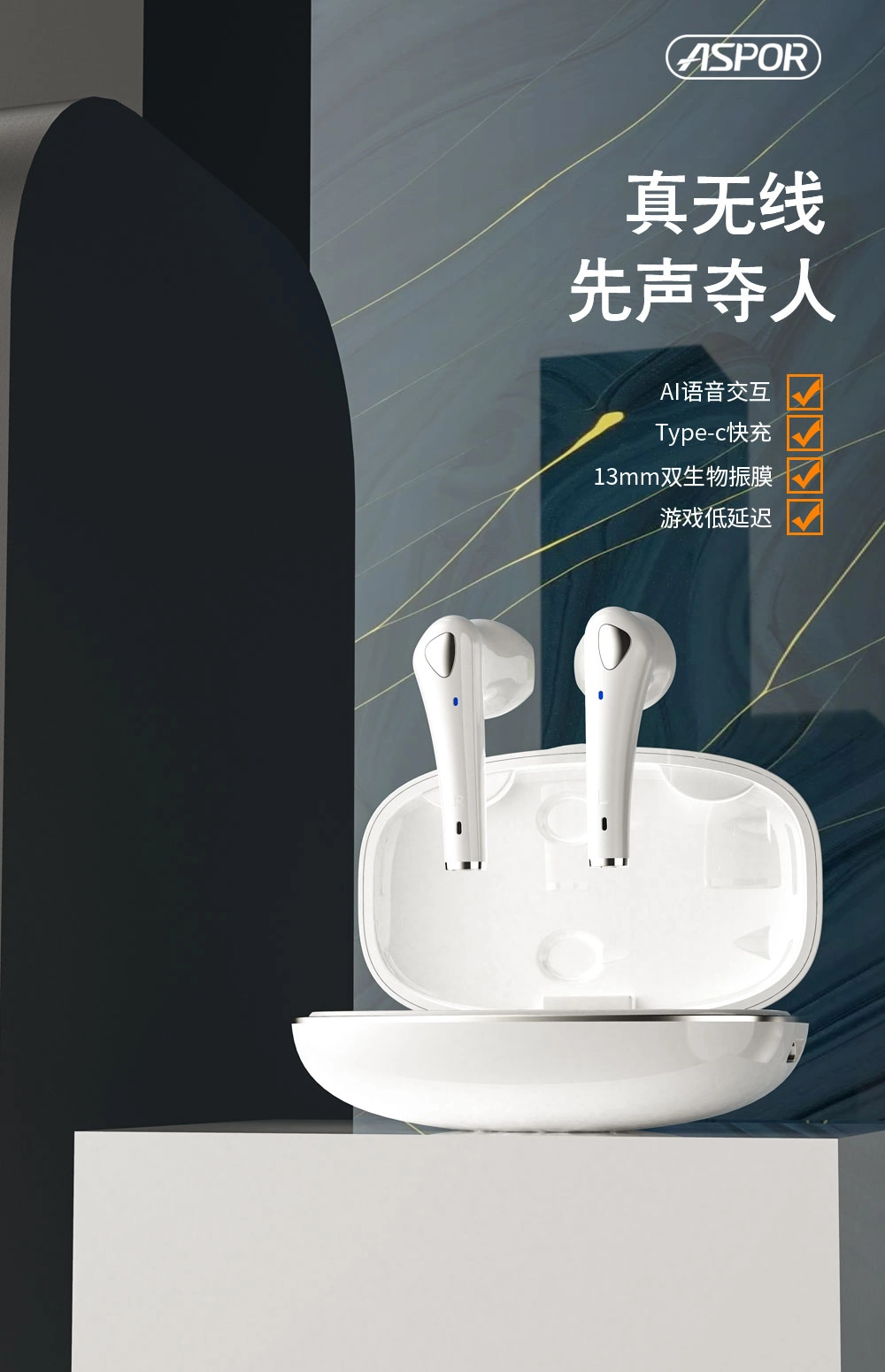 Aspor Top Mobile Phone Acessary Wireless Bluetooth Headphone Tws Earphone Working 20 Hours Noise Reduction White Color Sports Headset Worldwide Direct Sales